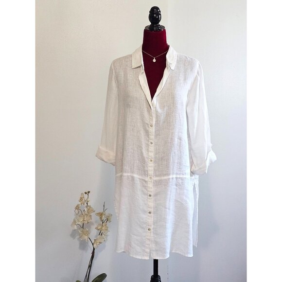 Tahari Women's White Linen Roll Tab Sleeve Collared Button-Front Top Sz L 2261 - Picture 3 of 12